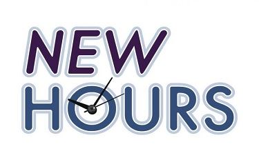 Wording New Hours with a clock in the letter O