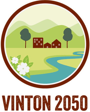 Vinton Comprehensive Plan 2050 Logo with creek, trees, dogwood flowers and buildings