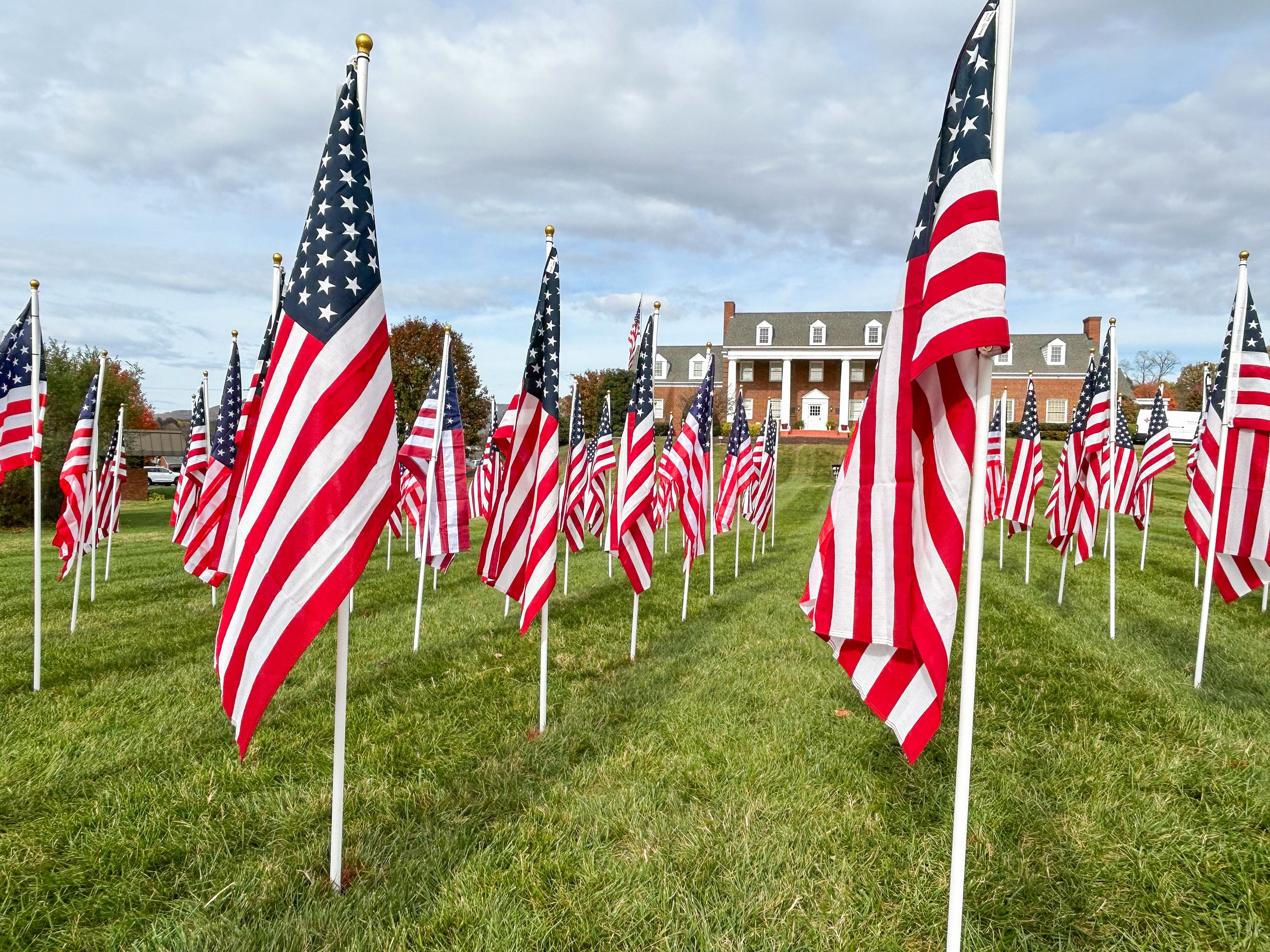 Field of American flags with the Vinton War Memorial in the background