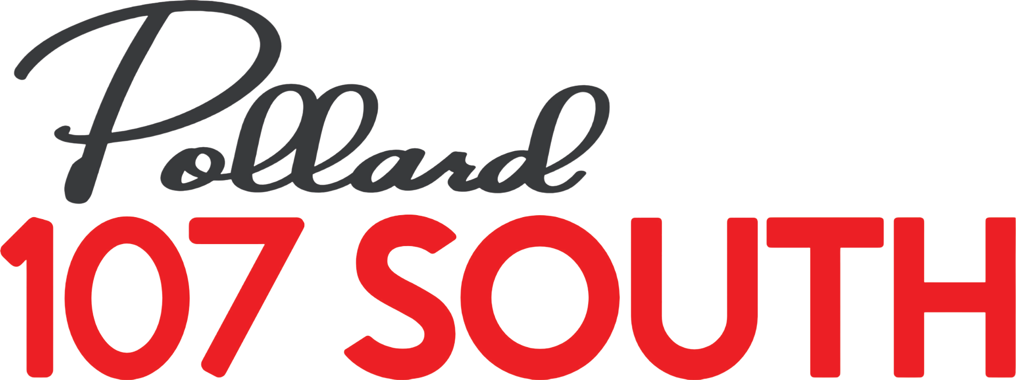 Pollard 107 logo - pollard is written in black script font with 107 South below in red